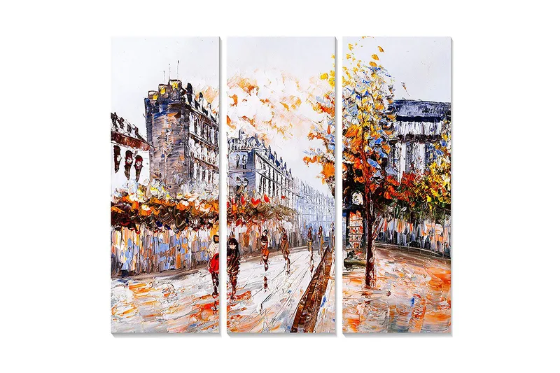 Canvastavla i trä 3-delar 50x70 cm - Livlig stadsbild med höstträd och människor på en gata, Orange / Gult / Blått