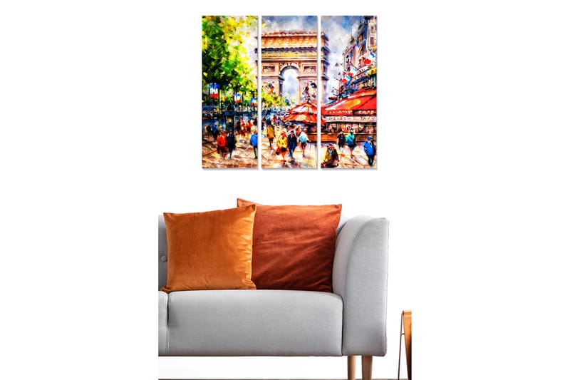 Canvastavla i trä 3-delar 50x70 cm - Livlig stadsbild med människor och caféer vid en känd monument - Grön / Röd / Blå - Inredning - Tavlor & konst - Canvastavlor