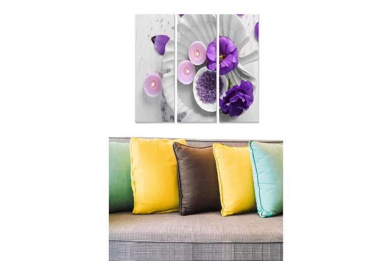 Canvastavla i trä 3-delar 50x70 cm - Ljuslila blommor och ljus på en vit bakgrund - Ljuslila / Vit / Grå - Inredning - Tavlor & konst - Canvastavlor