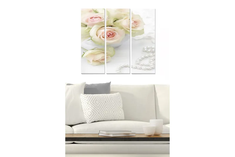 Canvastavla i trä 3-delar 50x70 cm - Ljuvlig bukett av rosa rosor i en vit skål, Rosa / Vit / Grön