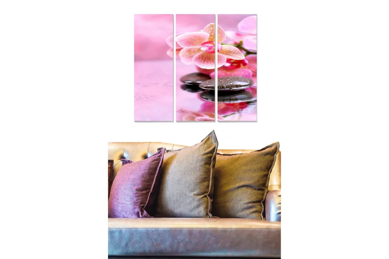 Canvastavla i trä 3-delar 50x70 cm - Ljuvlig orkidé med stenar i vatten - Rosa / Svart / Grön - Inredning - Tavlor & konst - Canvastavlor