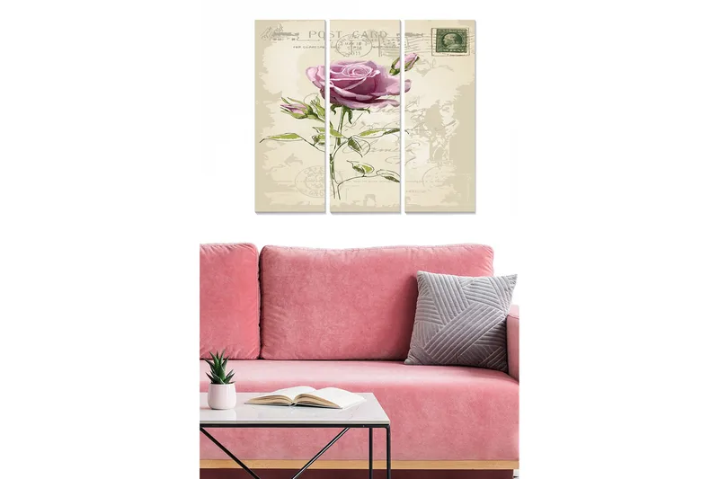 Canvastavla i trä 3-delar 50x70 cm - Ljuvlig ros med vintage-postkortstema, Lila / Grön / Beige