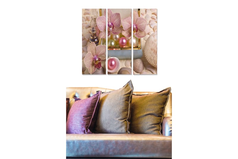 Canvastavla i trä 3-delar 50x70 cm - Ljuvliga orkidéer i en elegant komposition med pärlor och snäckor - Ljusrosa / Beige / Grön - Inredning - Tavlor & konst - Canvastavlor
