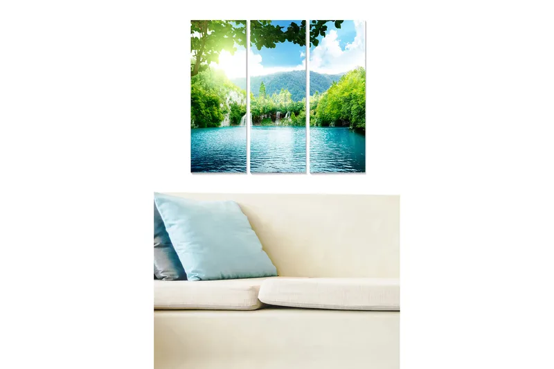 Canvastavla i trä 3-delar 50x70 cm - Lugn sjö med omgivande grönska och berg - Turkos / Grön / Blå - Inredning - Tavlor & konst - Canvastavlor