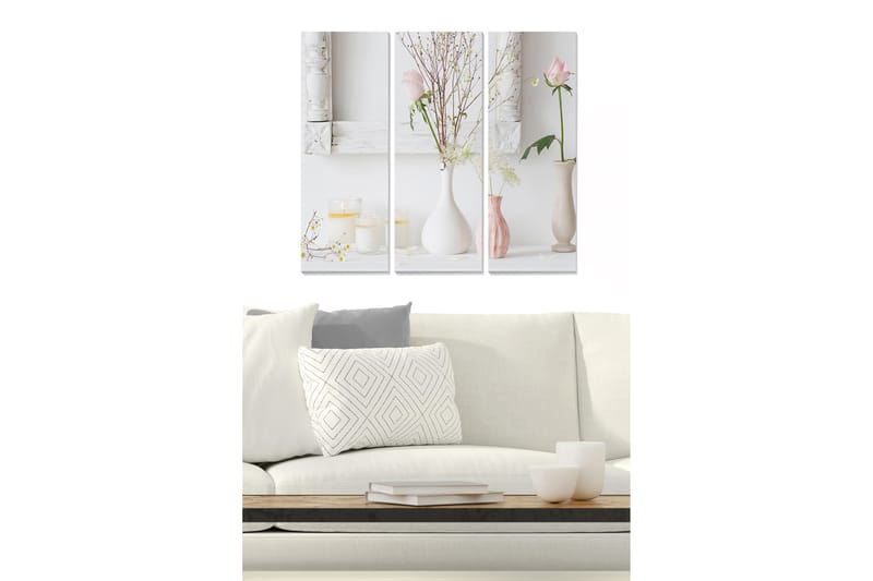 Canvastavla i trä 3-delar 50x70 cm - Lugn stillhet med blommor och ljus i vaser - Rosa / Vit / Beige - Inredning - Tavlor & konst - Canvastavlor