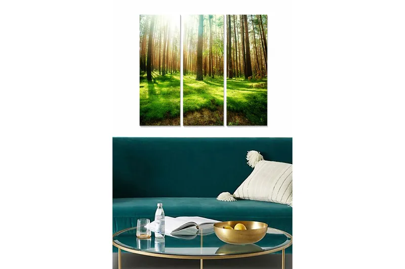 Canvastavla i trä 3-delar 50x70 cm - Lummig skog med höga träd och solstrålar som filtreras genom grenarna, Grön / Brun / Gul