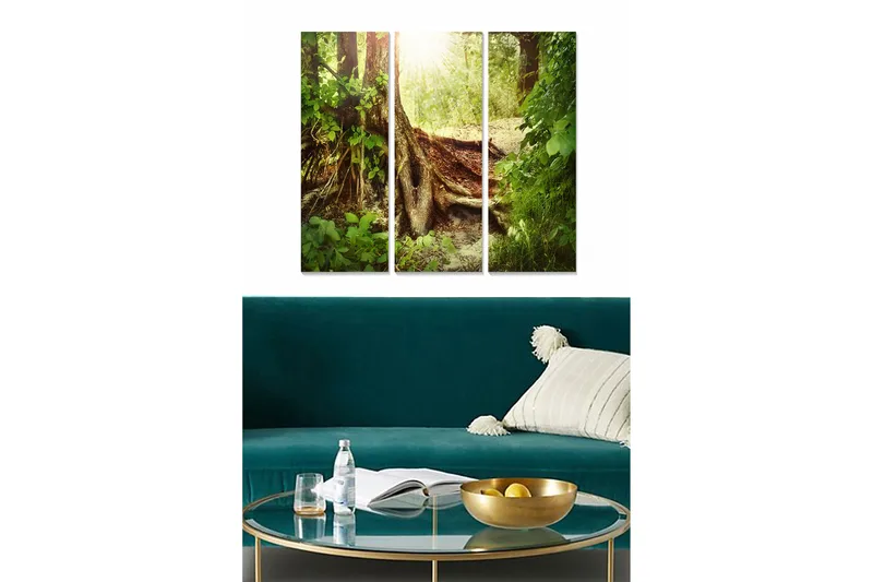 Canvastavla i trä 3-delar 50x70 cm - Lummig skog med solstrålar som strålar genom träden - Grön / Brun / Guld - Inredning - Tavlor & konst - Canvastavlor