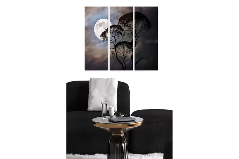 Canvastavla i trä 3-delar 50x70 cm - Måne som lyser över silhuetter av träd i en dramatisk himmel - Mörkblå / Svart / Grå - Inredning - Tavlor & konst - Canvastavlor