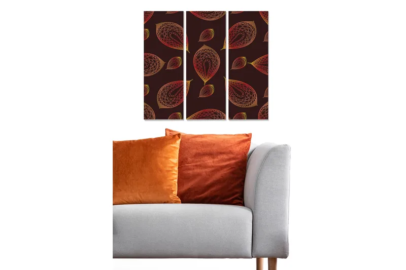 Canvastavla i trä 3-delar 50x70 cm - Mönster av stiliserade löv i varma färger - Mörkröd / Guld / Orange - Inredning - Tavlor & konst - Canvastavlor