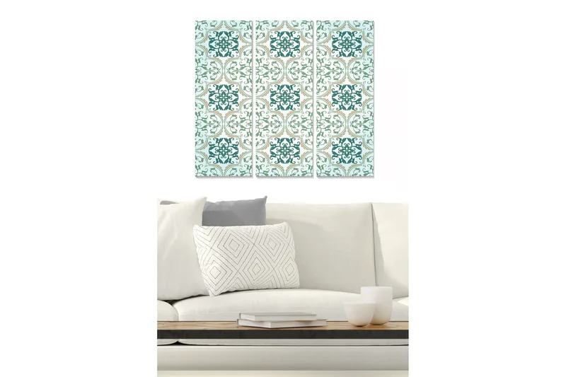 Canvastavla i trä 3-delar 50x70 cm - Mönstrad väggdekoration med eleganta, geometriska former, Turkos / Ljusgrön / Guld