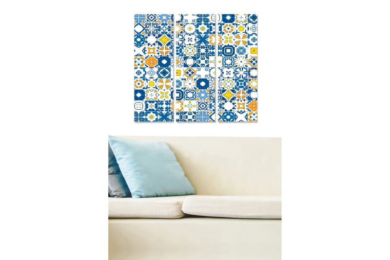 Canvastavla i trä 3-delar 50x70 cm - Mönstrad väggdekoration med geometriska former i blått och gult - Blå / Gul / Orange - Inredning - Tavlor & konst - Canvastavlor