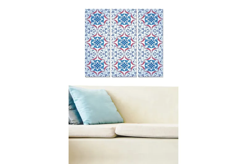 Canvastavla i trä 3-delar 50x70 cm - Mönstrad panel med blå och röda ornament, Blå / Röd / Vit