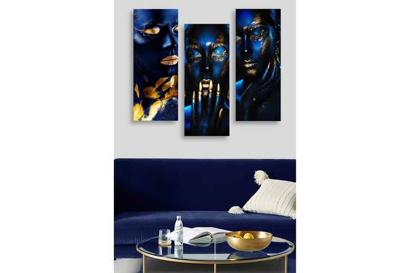 Canvastavla i trä 3-delar 50x70 cm - Mörkblå ansikten med guldiga detaljer, Mörkblå / Guld