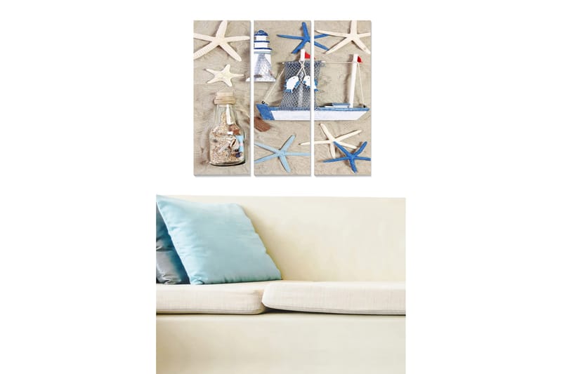 Canvastavla i trä 3-delar 50x70 cm - Maritim komposition med segelbåt och sjöstjärnor - Blå / Vit / Beige - Inredning - Tavlor & konst - Canvastavlor