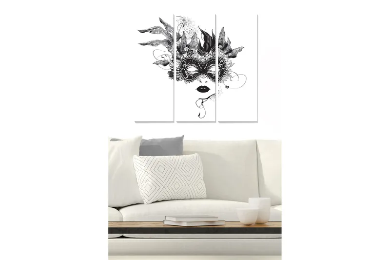 Canvastavla i trä 3-delar 50x70 cm - Maskerad kvinna med fjädrar och detaljerade mönster, Svart / Vitt