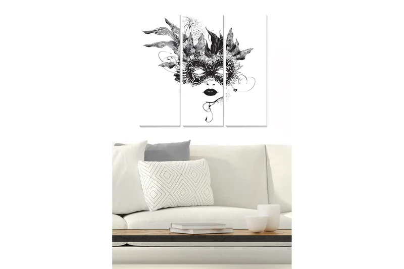 Canvastavla i trä 3-delar 50x70 cm - Maskerad kvinna med fjädrar och detaljerade mönster, Svart / Vitt