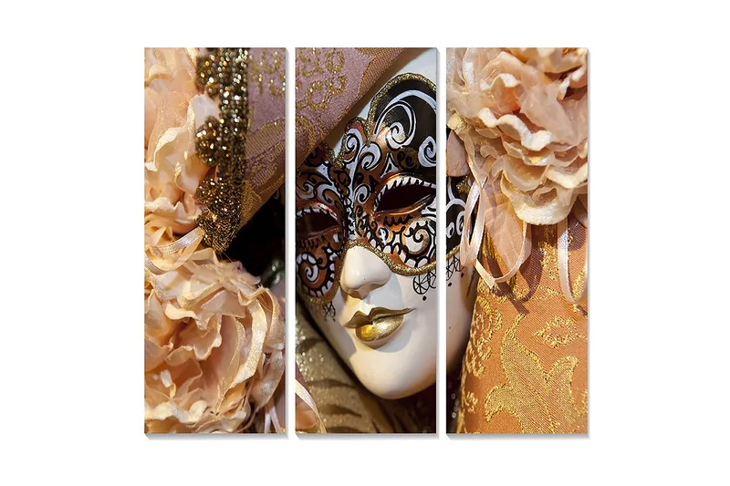 Canvastavla i trä 3-delar 50x70 cm - Maskeradmask med eleganta detaljer och blommor i mjuka nyanser - Ljusrosa / Guld / Vit - Inredning - Tavlor & konst - Canvastavlor