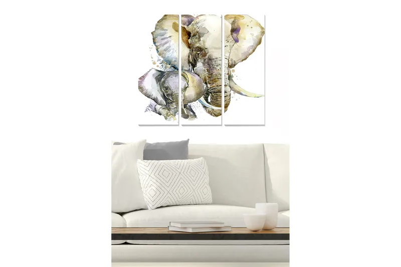 Canvastavla i trä 3-delar 50x70 cm - Mjukt målat elefantporträtt med en kalv, Grå / Beige / Ljusblå