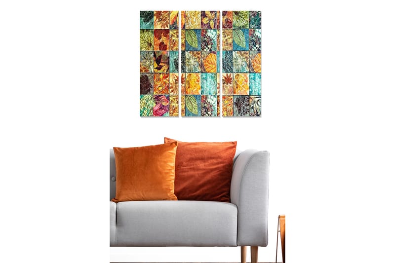 Canvastavla i trä 3-delar 50x70 cm - Mosaik av färgglada löv och växtdetaljer - Grön / Orange / Blå - Inredning - Tavlor & konst - Canvastavlor