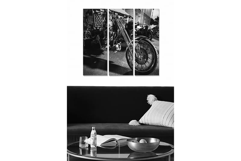 Canvastavla i trä 3-delar 50x70 cm - Motorcykel i svartvitt med detaljerad fälg och däck, Svart / Vitt / Grått