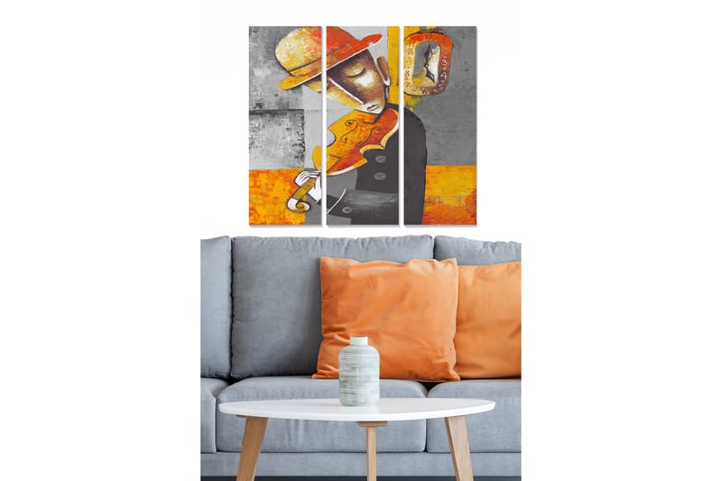 Canvastavla i trä 3-delar 50x70 cm - Musiker som spelar fiol med en färgglad hatt, Orange / Grå / Svart
