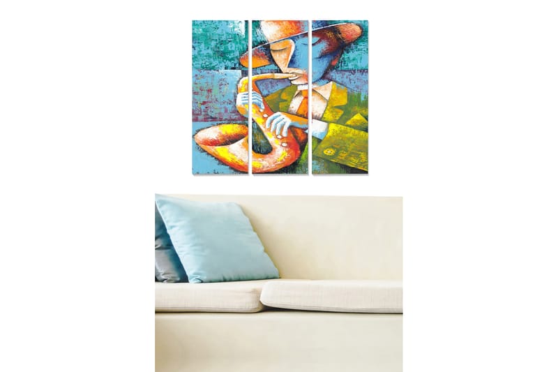 Canvastavla i trä 3-delar 50x70 cm - Musiker som spelar saxofon med färgglad bakgrund, Blå / Orange / Gul