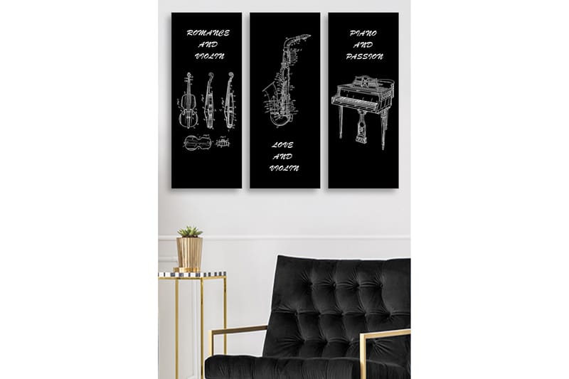 Canvastavla i trä 3-delar 50x70 cm - Musikinstrument i skissartad stil - Svart / Vit - Inredning - Tavlor & konst - Canvastavlor