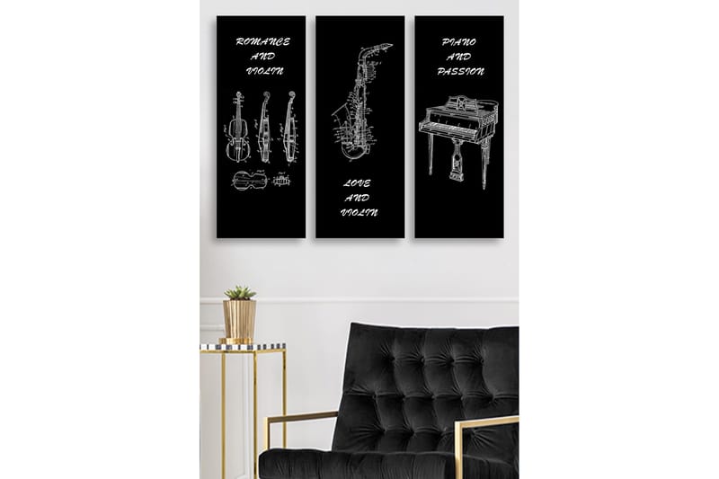 Canvastavla i trä 3-delar 50x70 cm - Musikinstrument i skissartad stil - Svart / Vit - Inredning - Tavlor & konst - Canvastavlor