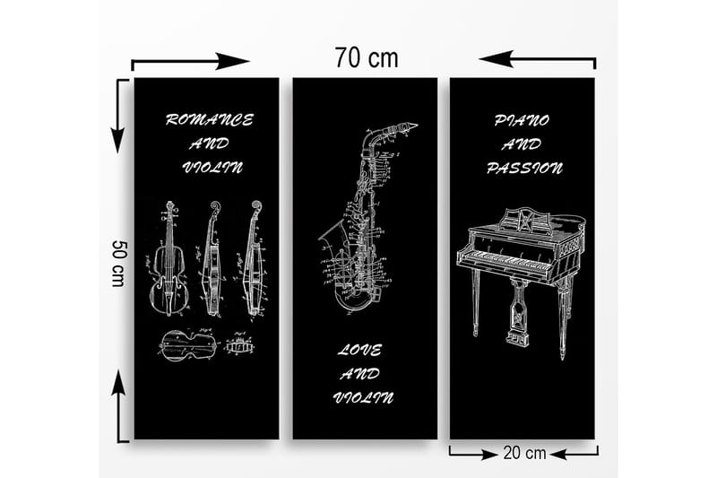 Canvastavla i trä 3-delar 50x70 cm - Musikinstrument i skissartad stil - Svart / Vit - Inredning - Tavlor & konst - Canvastavlor