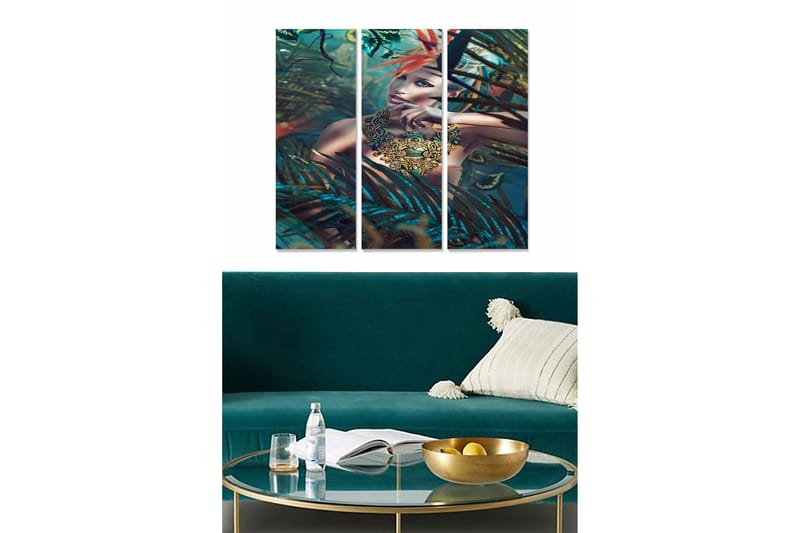 Canvastavla i trä 3-delar 50x70 cm - Mystisk kvinna omgiven av tropiska växter, Mörkgrön / Turkos / Röd