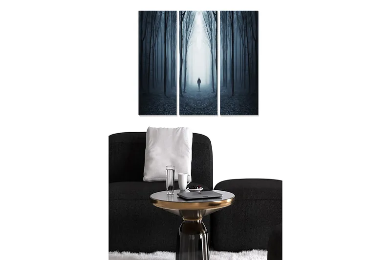 Canvastavla i trä 3-delar 50x70 cm - Mystisk skog med en ensam figur i dimma, Mörkblå / Grå / Svart