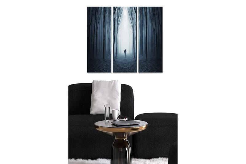 Canvastavla i trä 3-delar 50x70 cm - Mystisk skog med en ensam figur i dimma, Mörkblå / Grå / Svart
