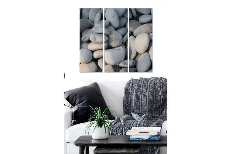 Canvastavla i trä 3-delar 50x70 cm - Närbild av strandstenar, Grå / Ljusgrå
