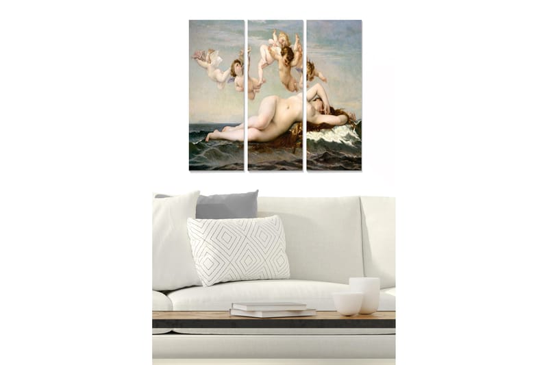 Canvastavla i trä 3-delar 50x70 cm - Naken kvinna som ligger på en skaldjursklippa omgiven av änglar, Hudton / Havsblå / Krämvit