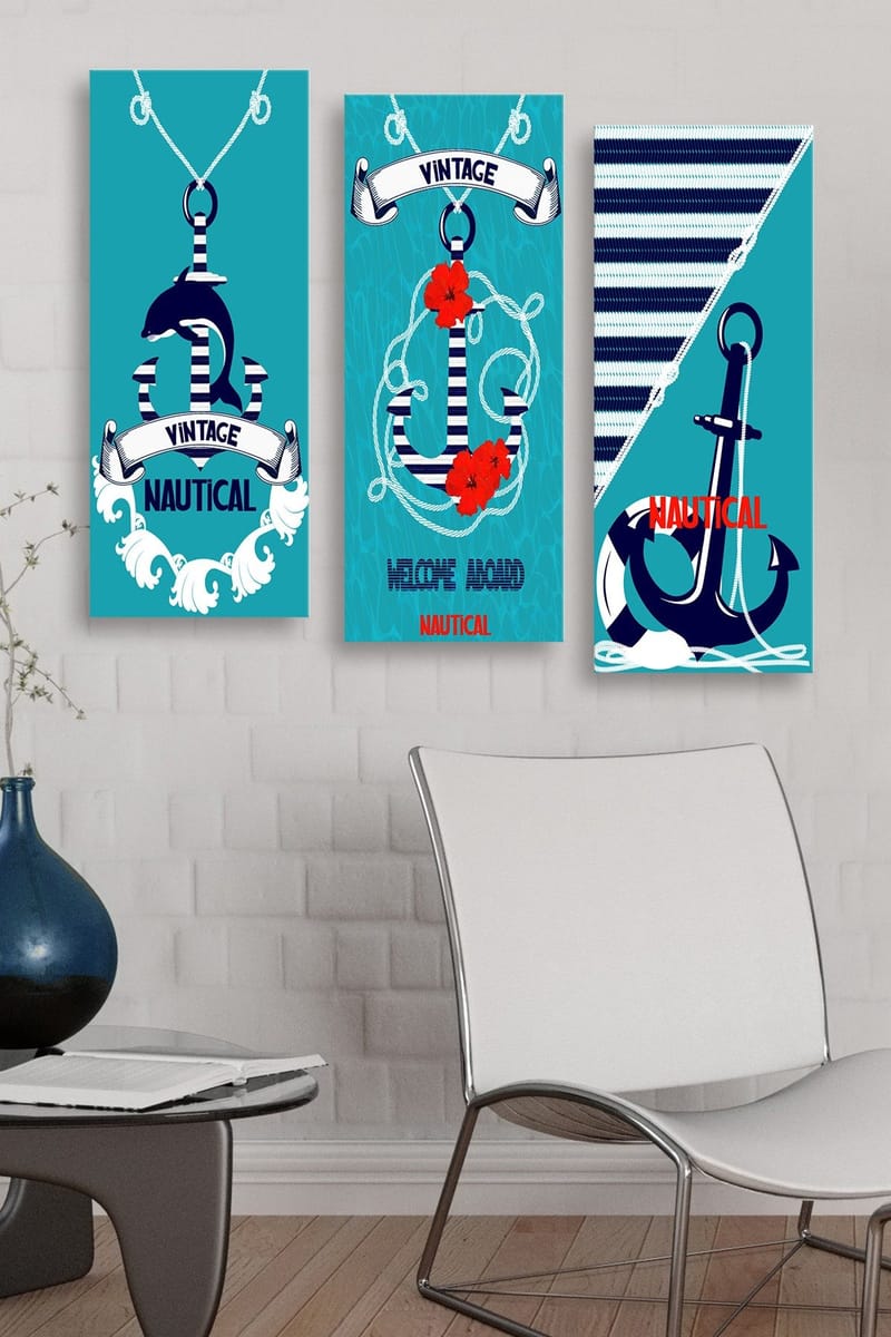Canvastavla i trä 3-delar 50x70 cm - Nautisk komposition med ankare och blommor - Turkos / Blå / Röd - Inredning - Tavlor & konst - Canvastavlor