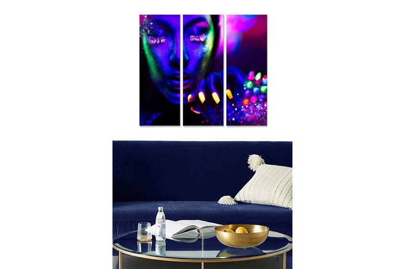 Canvastavla i trä 3-delar 50x70 cm - Neonfärgad porträtt av en kvinna med färgglada naglar och glittrande detaljer, Lila / Grön / Gul