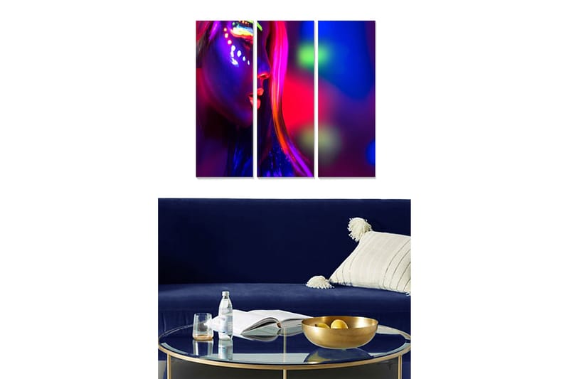 Canvastavla i trä 3-delar 50x70 cm - Neonfärgad porträtt av en kvinna med ansiktsmålning, Lila / Rosa / Grön
