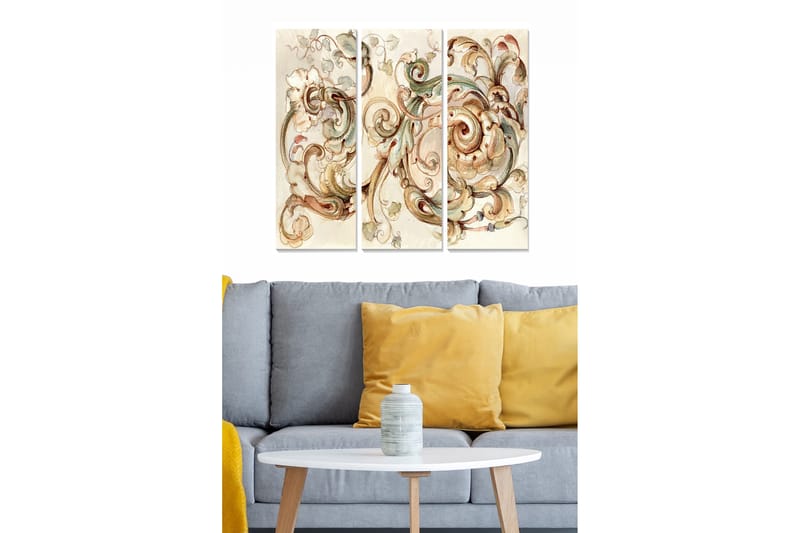 Canvastavla i trä 3-delar 50x70 cm - Ornamental komposition med svängda linjer och blommor - Beige / Grön / Brun - Inredning - Tavlor & konst - Canvastavlor