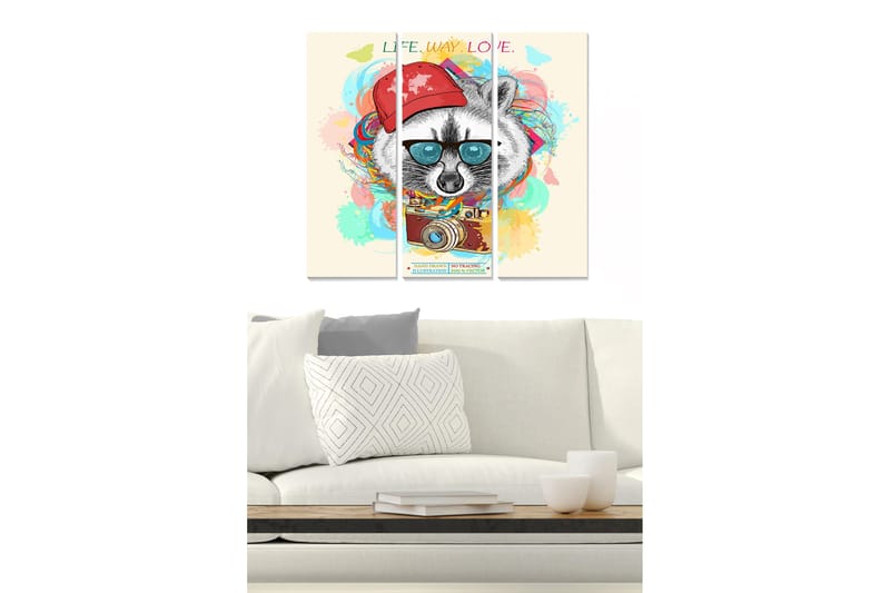 Canvastavla i trä 3-delar 50x70 cm - Råtta med solglasögon och röd keps omgiven av färgglada mönster - Röd / Blå / Gul - Inredning - Tavlor & konst - Canvastavlor