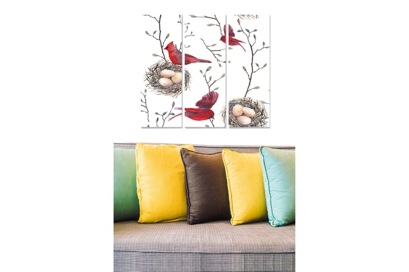 Canvastavla i trä 3-delar 50x70 cm - Röd fågel i en gren med ägg i boet, Röd / Beige / Grön