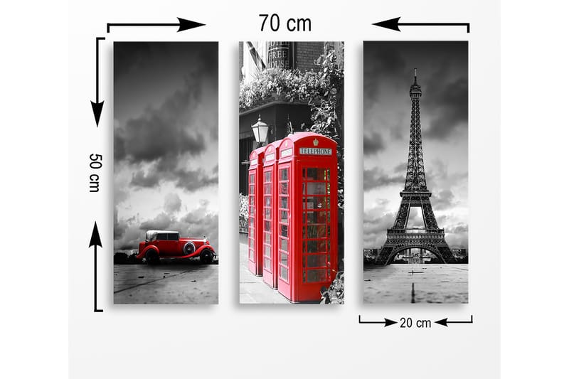 Canvastavla i trä 3-delar 50x70 cm - Röd telefonkiosk med ikoniska landmärken i bakgrunden - Röd / Svart / Grå - Inredning - Tavlor & konst - Canvastavlor