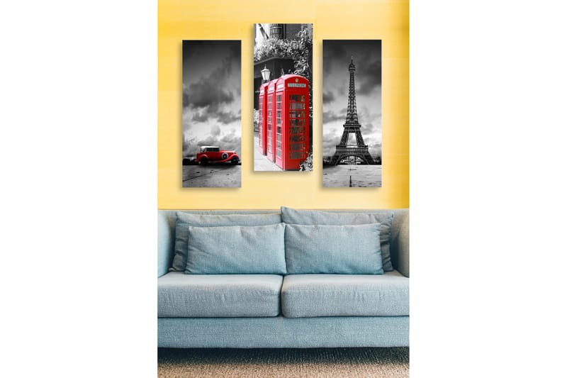 Canvastavla i trä 3-delar 50x70 cm - Röd telefonkiosk med ikoniska landmärken i bakgrunden - Röd / Svart / Grå - Inredning - Tavlor & konst - Canvastavlor