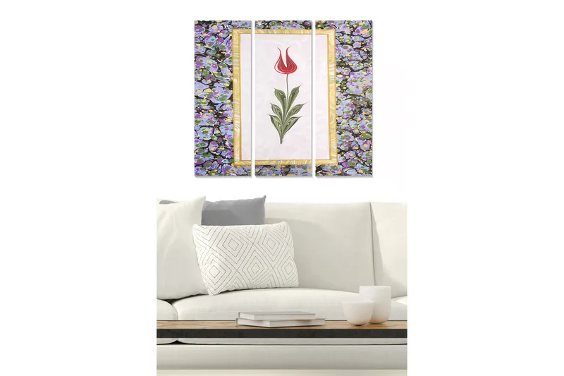 Canvastavla i trä 3-delar 50x70 cm - Röd tulpan omgiven av lila blommor, Röd / Lila / Grön