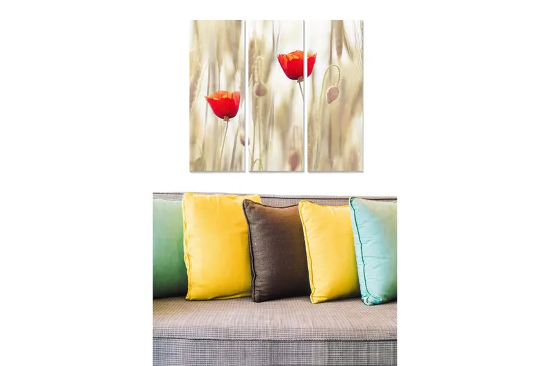 Canvastavla i trä 3-delar 50x70 cm - Röda vallmo i ett mjukt, gult och beige landskap, Röd / Gul / Beige
