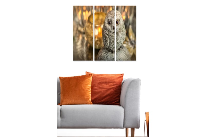 Canvastavla i trä 3-delar 50x70 cm - Realistisk uggla i grå nyanser - Grå / Beige / Brun - Inredning - Tavlor & konst - Canvastavlor