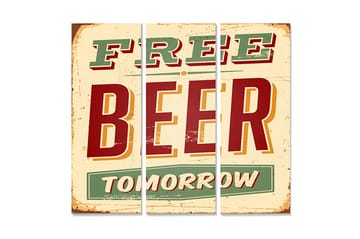 Canvastavla i trä 3-delar 50x70 cm - Retro skylt med texten FREE BEER TOMORROW - Röd / Grön / Beige - Inredning - Tavlor & konst - Canvastavlor