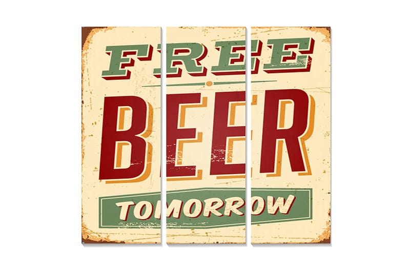 Canvastavla i trä 3-delar 50x70 cm - Retro skylt med texten FREE BEER TOMORROW, Röd / Grön / Beige