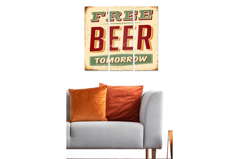 Canvastavla i trä 3-delar 50x70 cm - Retro skylt med texten FREE BEER TOMORROW - Röd / Grön / Beige - Inredning - Tavlor & konst - Canvastavlor
