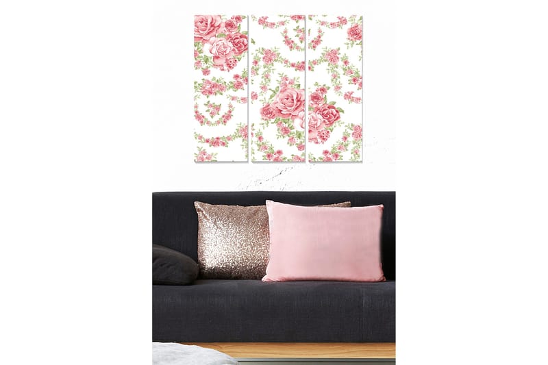 Canvastavla i trä 3-delar 50x70 cm - Romantisk komposition av rosor i pastellfärger, Rosa / Grön