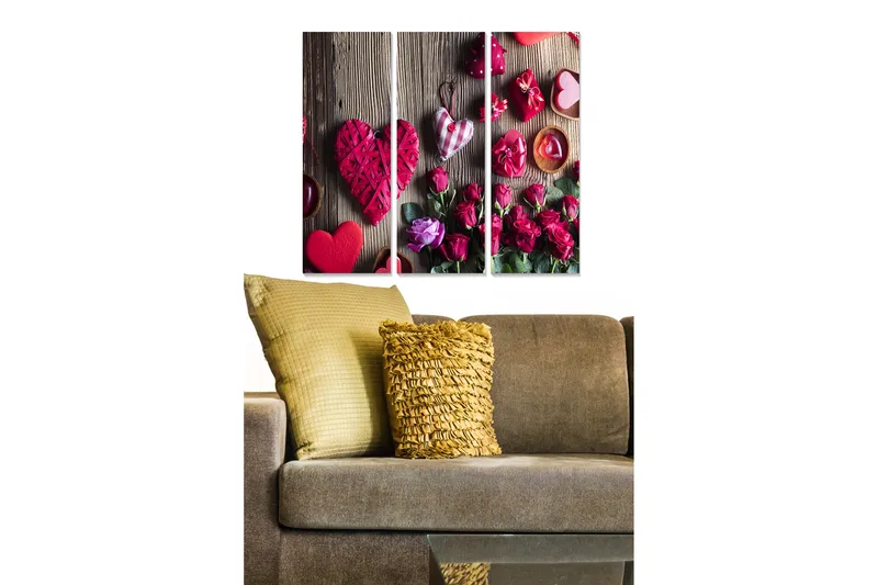 Canvastavla i trä 3-delar 50x70 cm - Romantisk komposition med hjärtan och rosor - Röd / Rosa / Grön - Inredning - Tavlor & konst - Canvastavlor